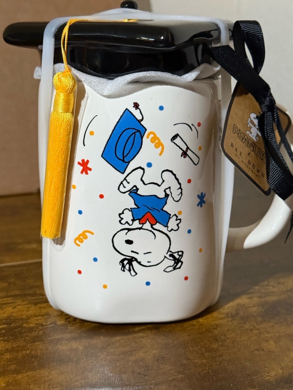 Rae Dunn Peanuts White Ceramic 'Dream Big' Mug with Black Cap & Tassel - Picture 4 of 6